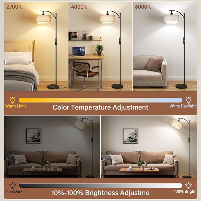 SUNMORY Arc Floor Lamps for Living Room with 12W Remote and Dimmable Bulb | Modern Floor Lamps with Adjustable Double Fabric Shades Shades, LED Lamp, Boho Standing Lamp for Bedroom, Corner, Home Decor