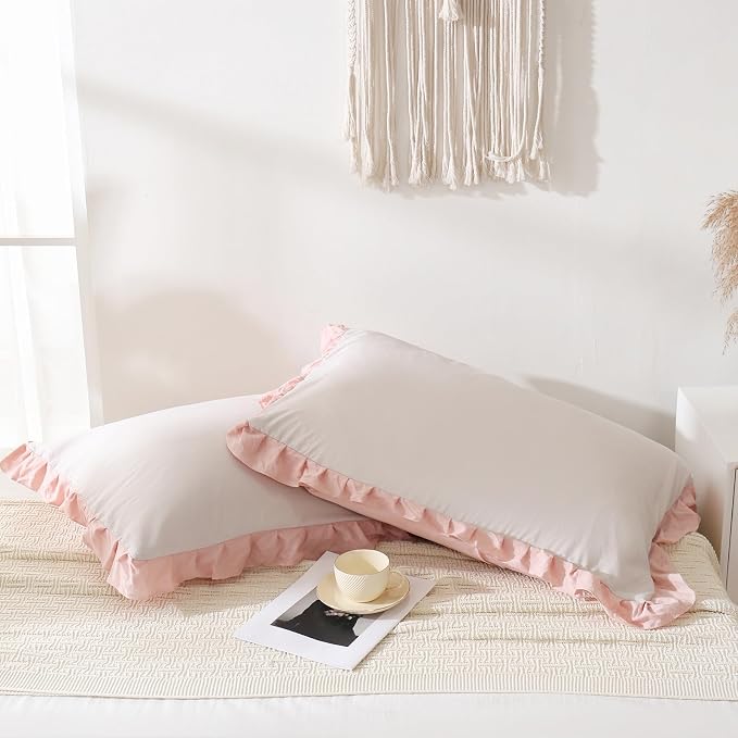 Merryword Pink Pillow Shams Beige and Pink Reversible Queen Pillowcases Cute Pillow Cover Set of 2 Soft Shabby Chic Ruffled Pillowcases 2 Pack (Queen (20''x30''), Beige Pink)