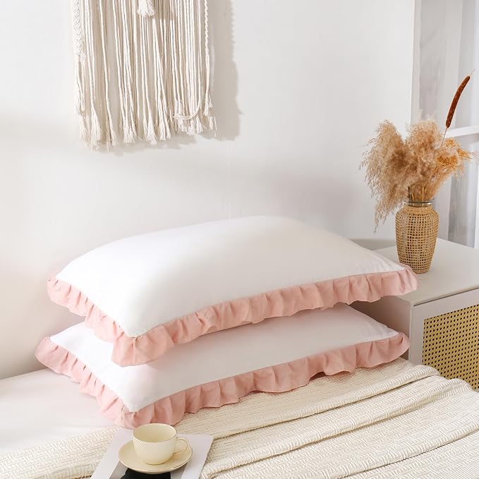 Merryword Pink Pillow Shams White and Pink Reversible King Pillowcases Cute Pillow Cover Set of 2 Soft Shabby Chic Ruffled Pillowcases 2 Pack (King (20''x36''), White Pink)