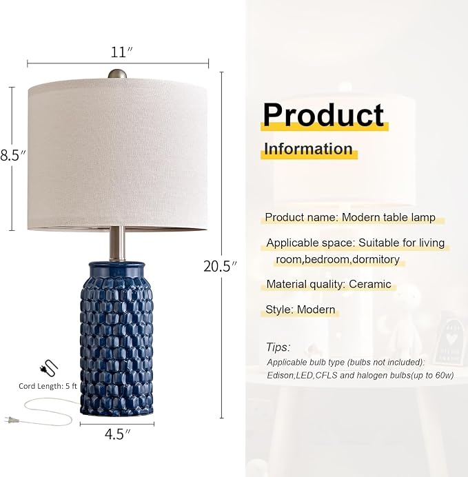 USumkky 20.5 inches Modern Ceramic Dark Blue Bedside Lamp Set of 2 for Bedroom Decor Farmhouse Table Lamp for Living Room Office Dorm
