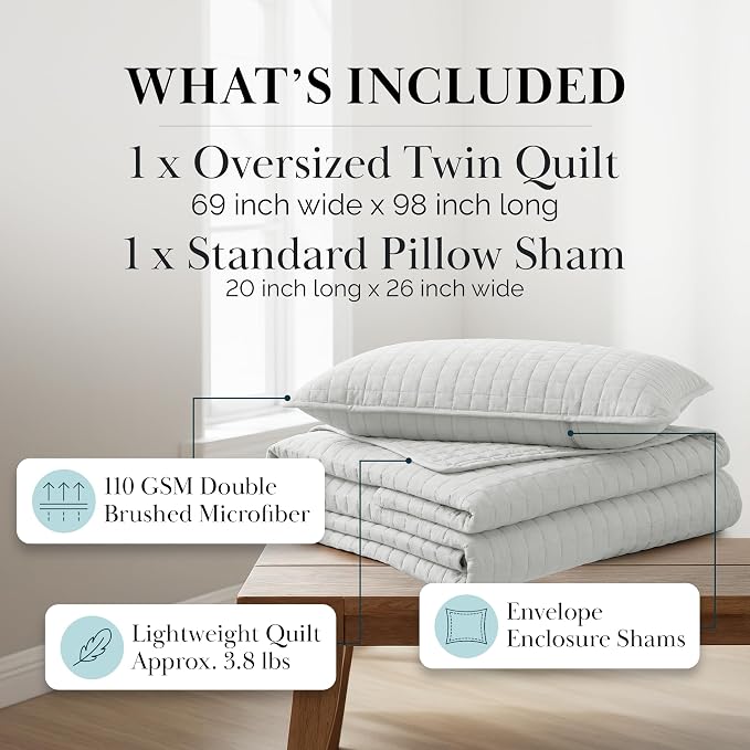 Southshore Fine Living, Inc. Twin XL Quilt Bedding Set, Dorm Room Bedding Essentials, Stain Resistant, Machine Washable Bedspread, Twin XL Grey Quilt Bed Spread with Pillow Sham, Light Grey Quilts