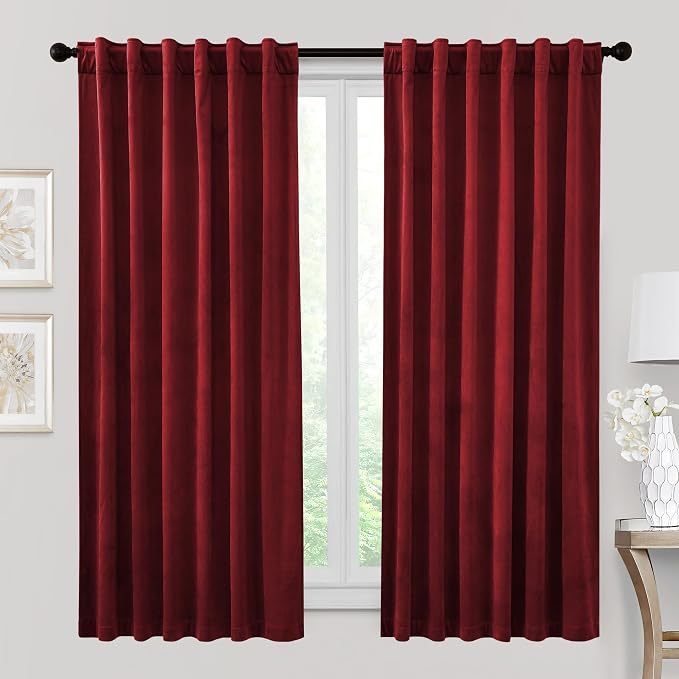 RYB HOME Velvet Room Darkening Curtains for Living Room 72 inches Long | Thermal Insulated, Privacy UV Heat Blocking, Noise Reducing, Drapes for Kids Room Sunroom, W52 x L72, Ruby Red, 2 Panels