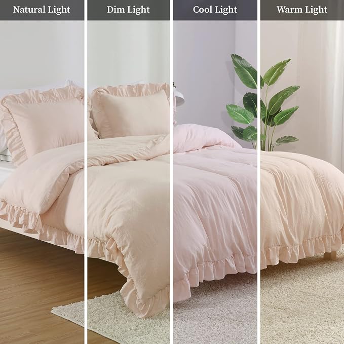 CAROMIO Pink Ruffled Duvet Cover Twin, 2PCS Soft Washed Microfiber Vintage French Country Duvet Cover Set for Kids Girls, Pink, 68x90 in