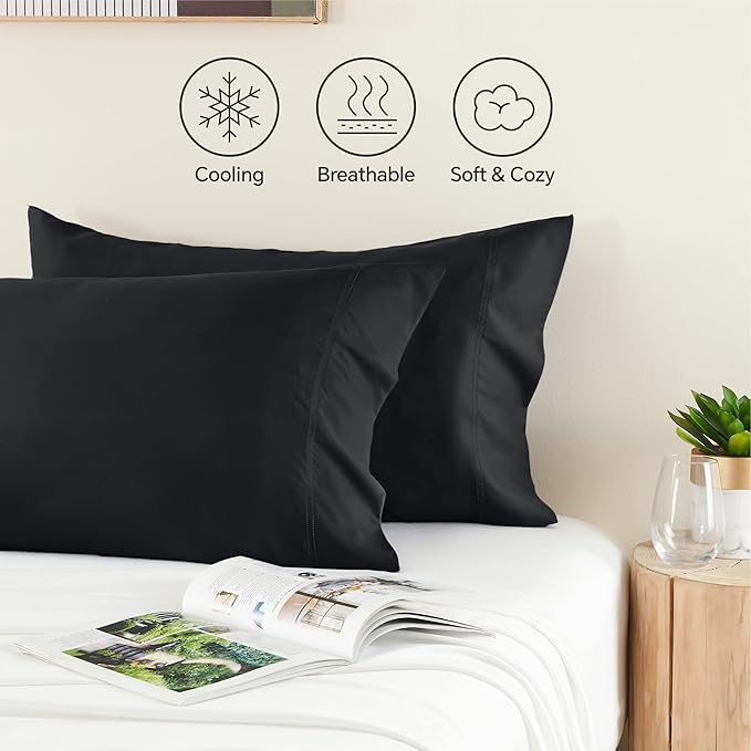 BEDELITE Cooling Pillow Cases Queen 2Pcs, Rayon Made from Bamboo, Black | Cooling and Breathable Pillow Cover for Hot Sleepers & Night Sweats, Silky Soft Cozy, Envelope Closure, 20"x30"