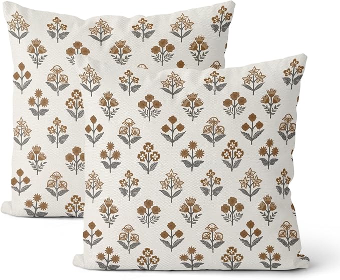 Brown Grey Pillow Covers 18x18 Inch 2 Pcs Gray Block Print Vintage Floral Decor Throw Pillows Boho Flower Spring Summer Outdoor Seasonal Decoration Pillowcase Linen Cushion Cover for Couch Sofa