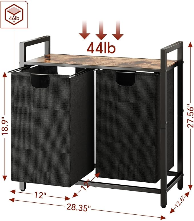 Kitstorack Laundry Basket Organizer, Laundry Hamper with Shelf & 2 Pull-Out Removable Bags, Dirty Clothes Hamper Organizer for Laundry Room Bathroom and Dorm, 2 x 11.8 gallons (44.5L)