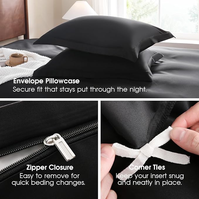 FreshCulture California King Duvet Cover - 3 Pieces Microfiber Duvet Cover Set with Zipper Closure - Lightweight & Easy Care - 1 Comforter Cover & 2 Pillow Shams - Comforter Not Included (Black)