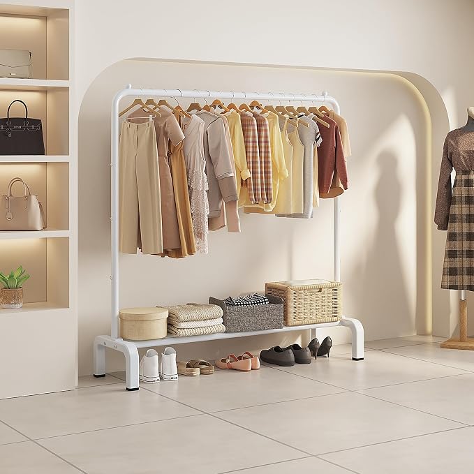 JIUYOTREE Metal Clothing Rack, 43.3 Inches Clothes Garment Coat Rack with Bottom Shelf for Hanging Skirts, Shirts, Sweaters, White | Metal 43.3 Inches Garment Rack Clothing Clothes Rack with Bottom Shelf for Hanging Clothes Coats Skirts Shirts Sweaters...