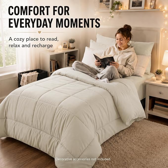 Twin XL Comforter Set Beige - 5 Pieces Twin XL Bed in a Bag | College Dorm Essentials, OEKO-TEX Certified, All Season, Down-Alternative Comforter + Flat & Fitted Sheets + 2 Pillowcases