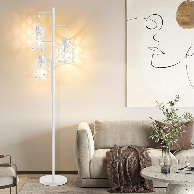 72" Industrial Tree Floor Lamp, Dimmable Farmhouse Tall Stand Light with Metal Cages & Rotary Dimmer Knob, Corner Decor Lighting for Living Room Bedroom Cafe, 3 x 800LM Bulbs Included-White