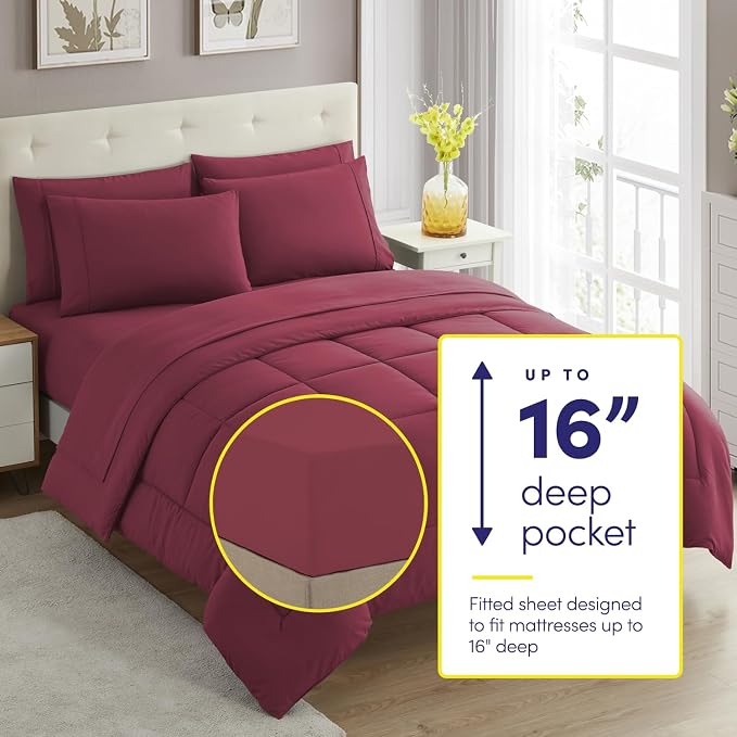 RV Short Queen Comforter Set for RV Camper - Comforter Set with Fitted & Flat Sheet, 4 Pillowcases - Tailored for RV Short Queen Beds - Cozy Essentials for Your RV Bedroom, Burgundy