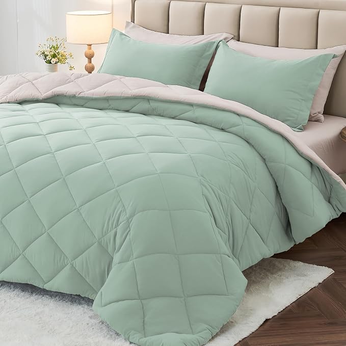 7 Pieces Queen Comforter Set, Reversible Bed in a Bag Queen Size, All Season Bedding Set with Comforter, Flat Sheet, Fitted Sheet, Pillowcases & Shams, Sage Green & Beige
