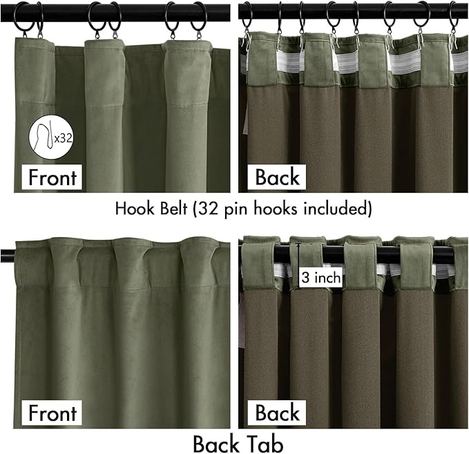 MIULEE Velvet Curtains 50W x 90L 2 Panels Sage Green Blackout Curtains | Luxury velvet fabric, pinch pleat design, back tab hooks, thermal insulated, blackout light blocking, for living room bedroom