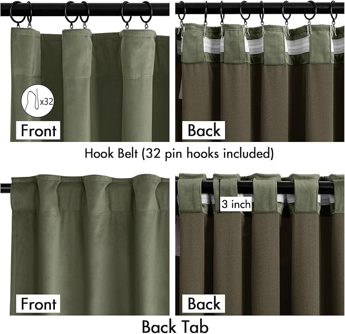 MIULEE Velvet Curtains 50W x 108L 2 Panels Sage Green Blackout Curtains | Luxury velvet fabric, pinch pleat design, back tab hooks, thermal insulated, blackout light blocking, for living room bedroom