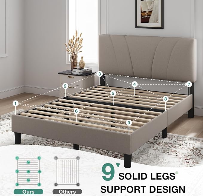Novilla Queen Bed Frame with Headboard, Bed Frame Queen Size with Wood Slats Support,Linen Upholstered Adjustable Headboard, No Box Spring Needed, Heavy Duty Feet, Easy Assembly, Beige