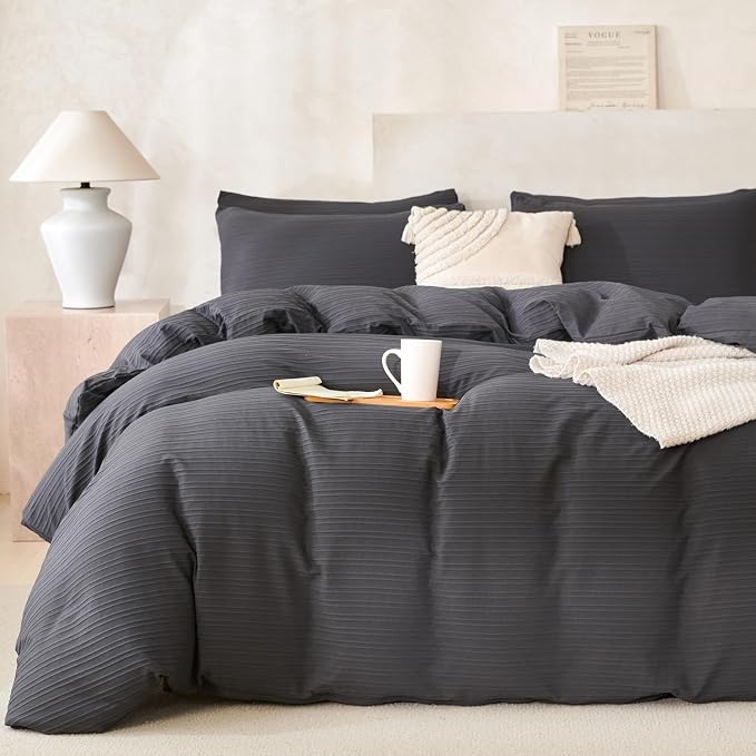 Comforter Set King Dark Grey Soft Luxury Washed Microfiber Jacquard 3 Pieces Bedding, Grey Vertical Ticking Stripes Comforter with 2 Pillowcases Breathable Durable Comfy