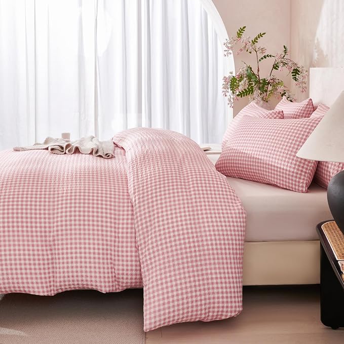 Grid Comforter Set Queen Pink Soft Luxury Washed Microfiber 3 Pieces Bedding Set, White Pink Grid Pattern Comforter with 2 Pillowcases Breathable Durable Comfy