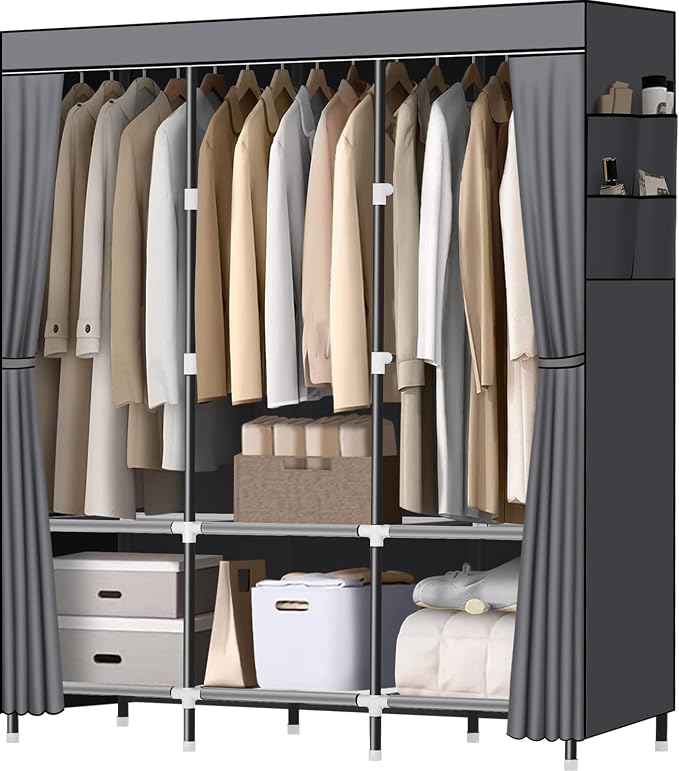 LOKEME Wardrobe Closet,Steel Pipe Diameter 19mm,Portable Closet for Bedroom | Strong and Sturdy Portable Closets for Hanging Clothes with 3 Hanging rods, 6 Storage Shelves and Side Pockets