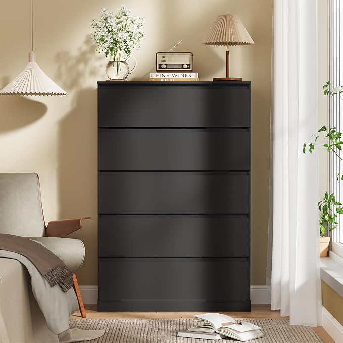 Dresser for Bedroom with 5 Drawers, 14.2" D x 31.5" W x 47.3" H, Black | Modern Chest of Drawers with Hidden Drawer,Wood Storage Dresser, Storage Organizer for Living Room, Closet, Hallway