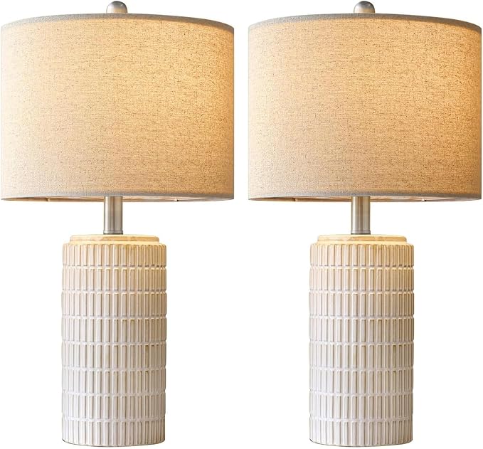 PoKat 24" Modern Ceramic Table Lamps Set of 2 for Bedroom, White Bedside Lamps for Night Stands, Farmhouse Desk Decor Nightstand Table Lamps for Living Room End Table Beige