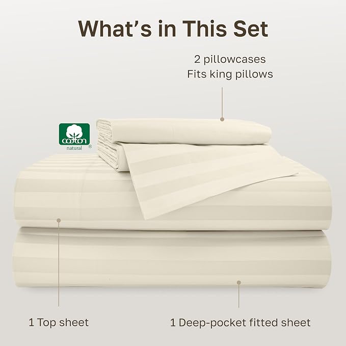 California Design Den Softest 100% Cotton Sateen King Bed Sheets Set, Ivory | 500 Thread Count Backed by Good Housekeeping Seal, 16" Deep Pocket, All-Around Elastic, Durable, Easy Care - Ivory Striped