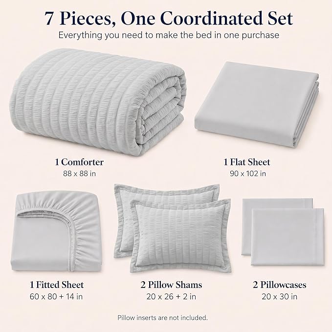 Queen Comforter Set, 7 Pieces Light Grey Seersucker Bed in a Bag | OEKO-TEX Certified, All Season Bedding Set with 240 GSM Down Alternative Comforter, Flat & Fitted Sheets, Pillowcases & Shams