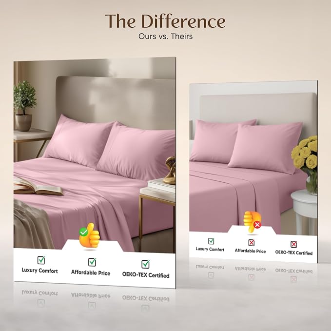 King Sheets Set, 4 Pieces 16" Deep Pocket Hotel Luxury Sheets, Crystal Pink | Extra Soft Bedsheet Set, Comfy & Breathable Cooling Sheets, Wrinkle & Fade Resistant, Fitted Sheet, Flat Sheet, 2 Pillowcases