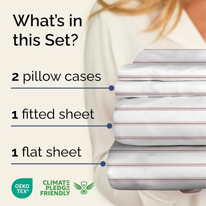 Full 4 Piece Striped Sheet Set - Soft, Breathable & Cooling - Double Red | 1 Flat, 1 Fitted & 2 Pillowcases w/ Deep Pockets, Luxury Striped Bedding, Soft, Breathable & Cooling, Wrinkle & Fade Free