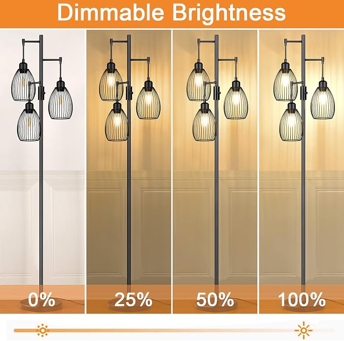 Torondo 70" Dimmable Floor Lamp with Marble Base, 3 x 800LM LED Edison Bulbs Included, Industrial Black Floor Lamps for Living Room, Rustic Tall Lamps Standing Lamp for Bedrooms Living Room