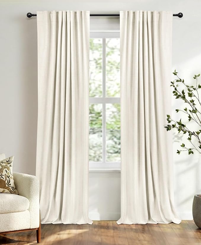 Faux Linen Total Blackout Curtains for Bedroom 102 Inches Long Beige White | 100% Blackout Shield, Back Tab/Rod Pocket Living Room Drapes, Thermal Insulated Blackout Curtains 2 Panels Set, 50"W x 102"L