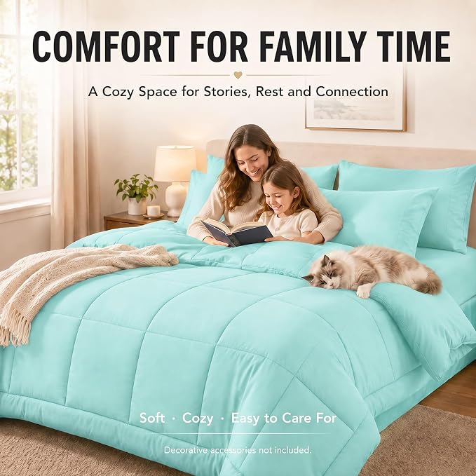 Queen Comforter Set Spa Blue - 7 Pieces Bed in a Bag | OEKO-TEX Certified, All-Season, Bedroom, Guest Room, Down-Alternative Comforter + Flat & Fitted Sheets + 4 Pillowcases