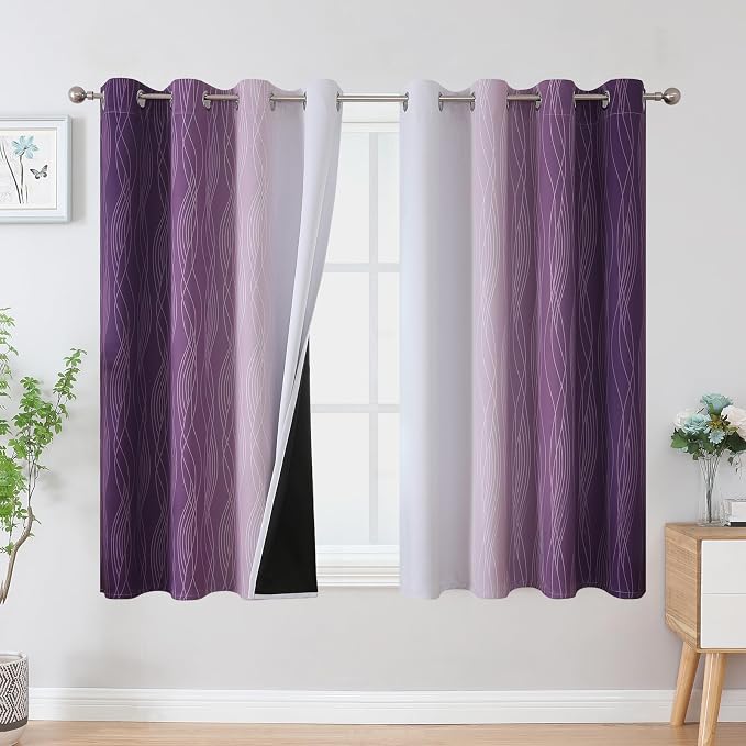 Purple and Greyish White Ombre Blackout Curtains for Bedroom 45 Inches Long | Estelar Textiler Room Darkening,Light Blocking,Thermal Insulated Gradient Grommet Window Drapes for Bathroom,52Wx45L,2 Panels