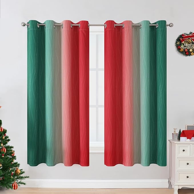 Red and Green Ombre Blackout Curtains 52Wx63L 2 Panels | Ombre Christmas Curtains for Bedroom,Thermal Insulated,Room Darkening,Energy Saving,Grommet Window Drapes for Living Room