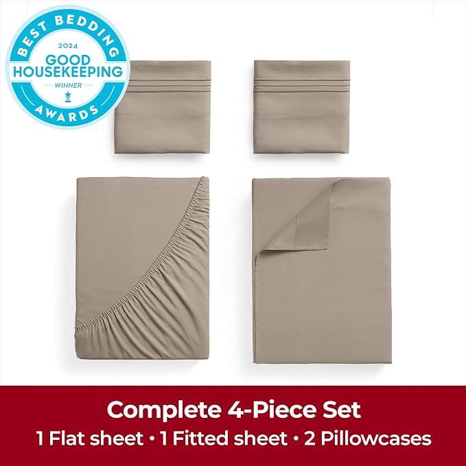 Mellanni Iconic 4-Piece, Ultra Soft Sheet Set (Queen, Tan) | 10M+ Sleepers. Lab-tested: Sleeps Cool, Stays Bright, Strong, Smooth. Good Housekeeping Best Bedding, 7 yrs running.