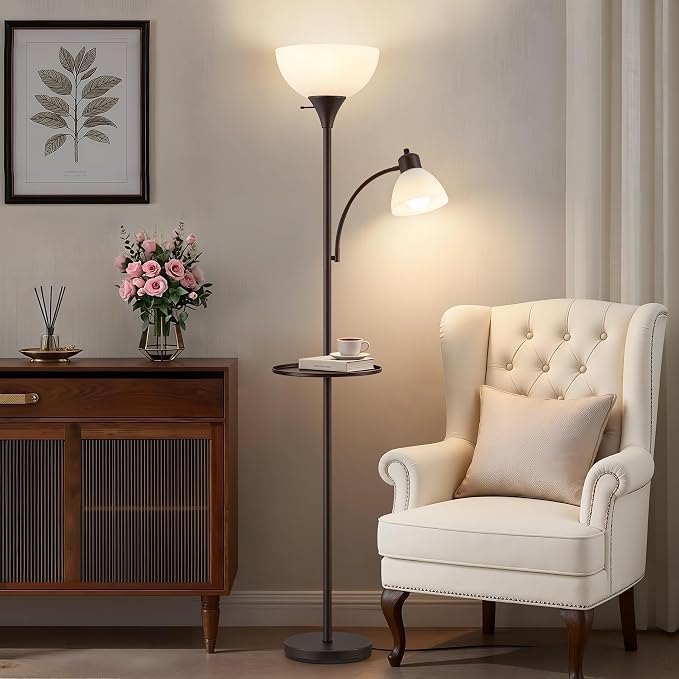 72" Floor Lamp with Table, Adjustable Reading Lights, Torchiere Floor Lamps | Modern for Living Room, Bedroom, Office, Brown【Bulb not included】