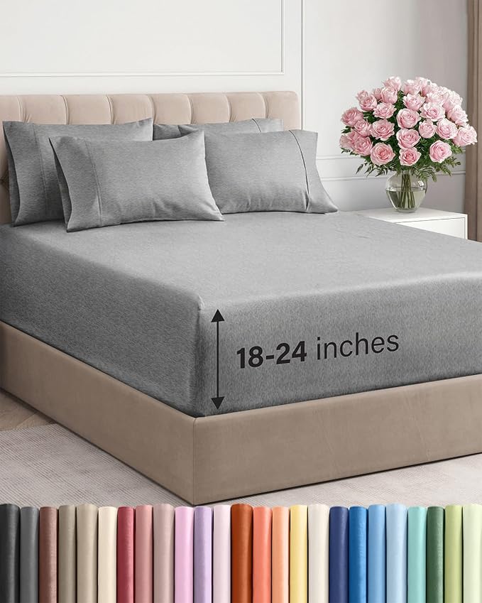 Extra Deep Full Sheet Set - 6 Piece Breathable & Cooling - Heathered Grey | Hotel Luxury Bed Sheets Set, Easy & Secure Fit, Ultra-Soft, Wrinkle & Fade Free, Comfy Sheets Set with Extra Deep Pockets