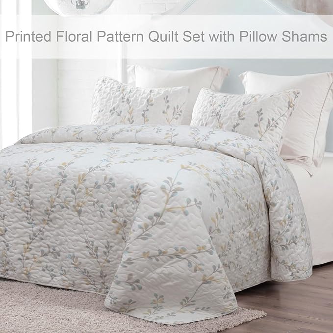 Exclusivo Mezcla Reversible Boho California King Quilt, White | Lightweight Soft Bedspreads, All Season Flowers Coverlet Bedding Set, Printed Floral Pattern, 1 Quilt and 2 Pillow Shams