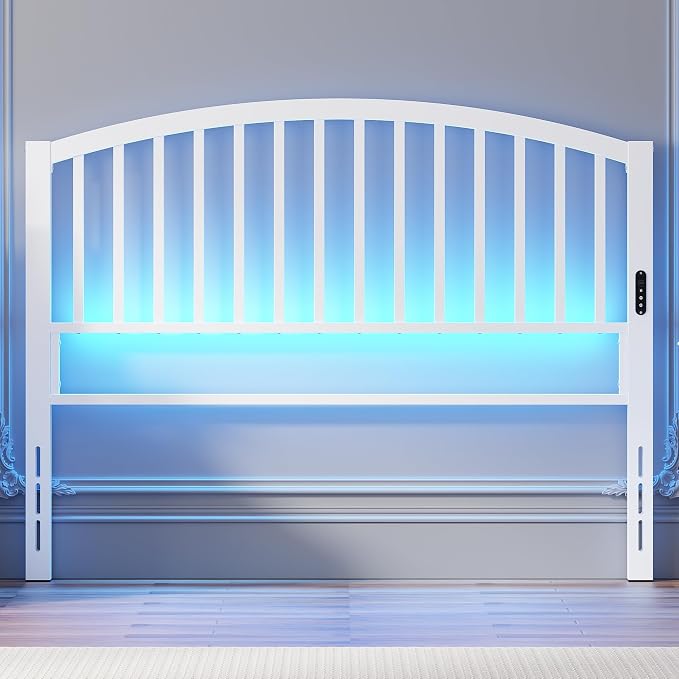 Weehom Metal Queen Headboard Only with LED Lights and USB, White | Freestanding queen size headboard; adjustable height; USB charging station; modern bedroom design