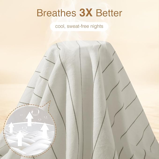 SONORO KATE 100% French Linen Queen Duvet Cover Set,Zipper Closure,3PC | Natural French Flax,Soft Breathable for Hot Sleepers,Moisture Wicking & Durable,4 Corner Ties,White & Dark Grey Stripes
