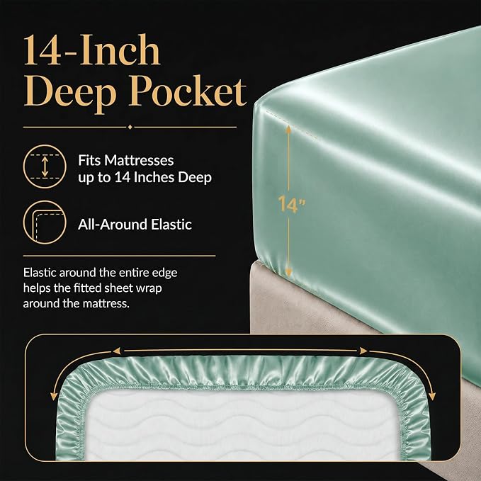 CozyLux Satin Sheets King, 4-Piece 14-Inch Deep Pocket Sheet Set | OEKO-TEX Certified Silky Soft Sheet Set for Hair & Skin, Luxurious Silky-Smooth Satin for Elegant Bedroom Decor, Aqua