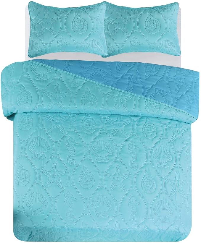 Legacy Decor 3 PCS Shell & Seahorse Reversible All Season Bedspread Quilt Coverlet Oversize, Turquoise Color, King Size