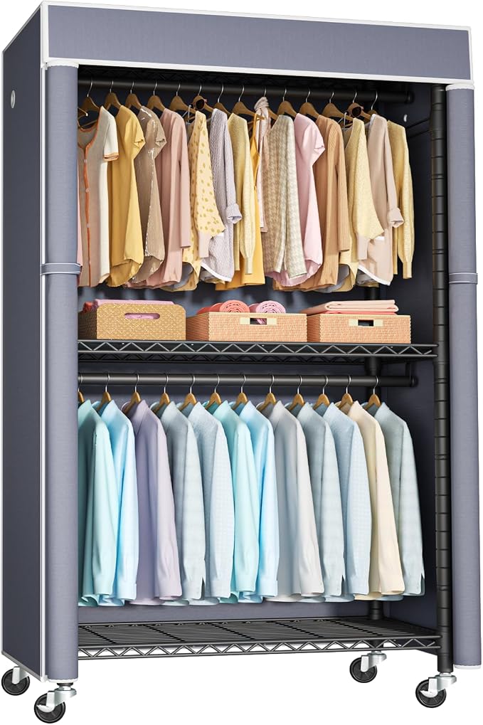 FUTASSI Black Clothing Rack with Grey Cover, P1C Rolling Closets | Metal Garment Rack for Hanging Clothes, Clothing Storage Wardrobe, with Wheels