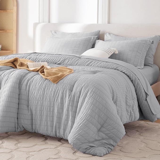 7 Pieces King Comforter Set, Seersucker Bed in a Bag King Size, All Season Luxury Bedding Set with Comforter, Flat Sheet, Fitted Sheet, Pillowcases & Shams, Light Grey