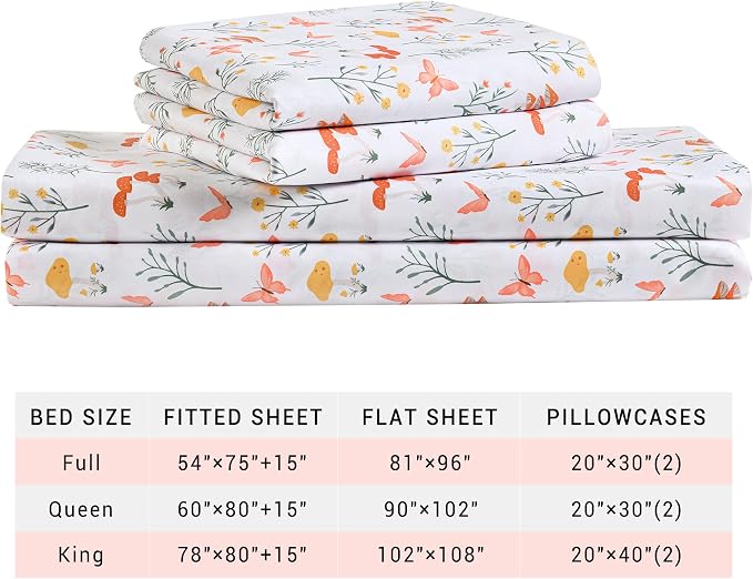 Viviland Mushroom Queen Sheet Set - 4 Piece Vintage Butterfly Flower Patterned Bed Sheets - Soft, Breathable Microfiber Floral Sheets with Deep Pocket, Non-Slip Fitted Sheets & Pillowcases