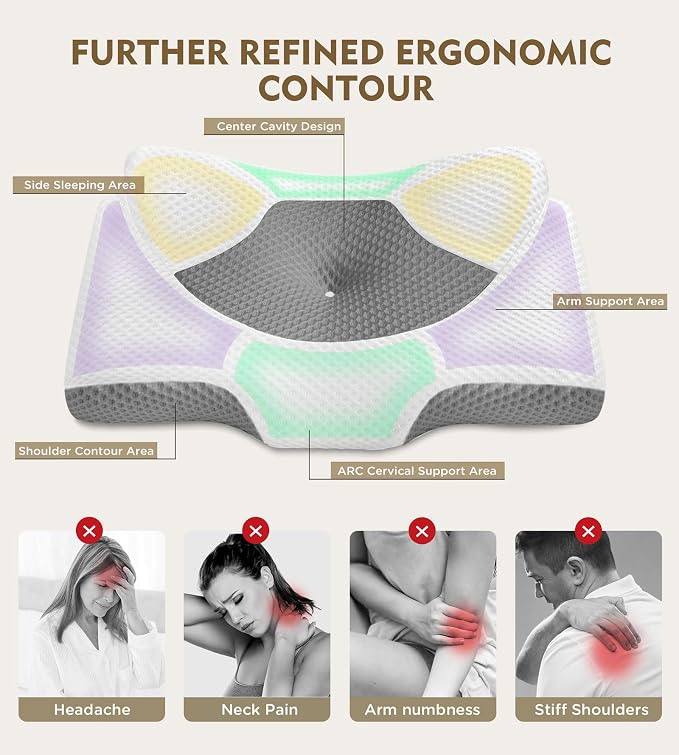 Cervical Pillow for Neck Pain Relief, Hollow Design Odorless Memory Foam Pillows with Cooling Case, Adjustable Orthopedic Bed Pillow for Sleeping, Support for Side Back Sleepers