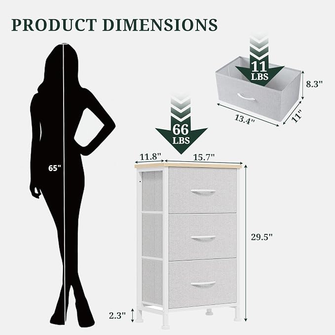 3 Drawers Dresser for Bedroom Fabric Storage Tower with Wooden Top | Steel Frame Chest of Drawers for Closet Entryway Dorm and Small Spaces, Light Gray