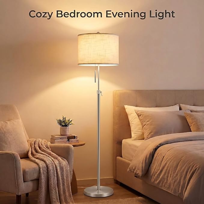 Qingmiao Brushed Nickel Floor Lamps for Living Room, 55"-67" Height Adjustable Modern Tall Lamp, 3-Way Dimmable Standing Lamp for Bedroom Office Reading Corner Home Decor, New House Warming Gifts