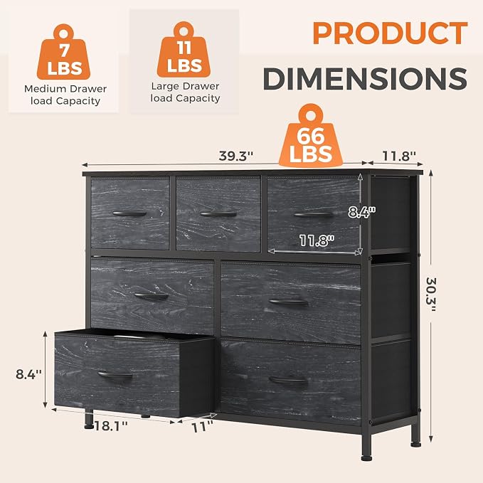 Sweetcrispy 7 Drawer Dresser for Bedroom Storage with Fabric Bins | Anti-Tip Closet Organizer, Wooden Top, Steel Frame, Spacious Drawer for Clothes Storage, Hallway Entryway, Black Wood Grain