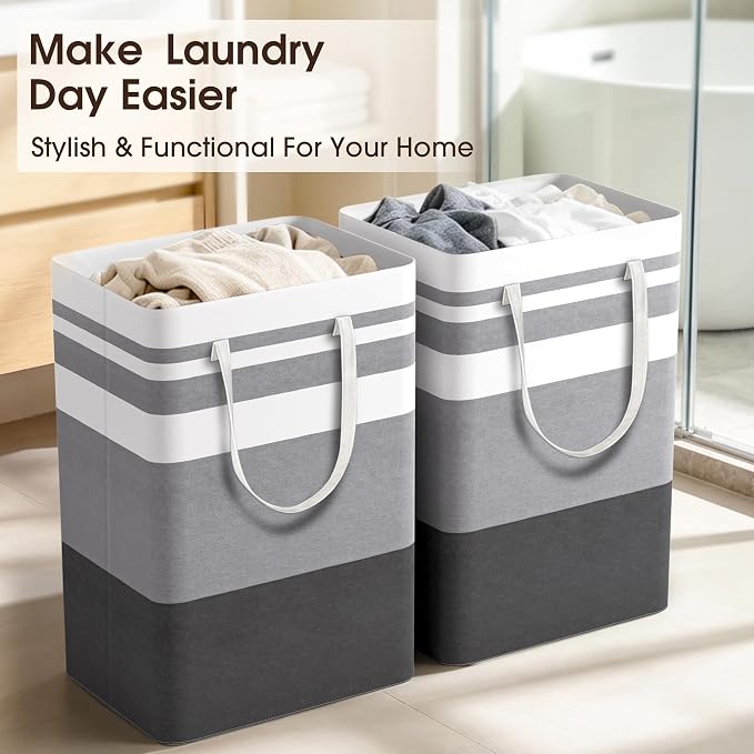 HomeHacks 2 Pack Large Laundry Baskets, Laundry Hampers Bags (Grey 75Lx2) | Waterproof, Freestanding, Collapsible Clothes Hamper with Reinforced Handles in Laundry Room, Dorm, Bathroom, Bedroom