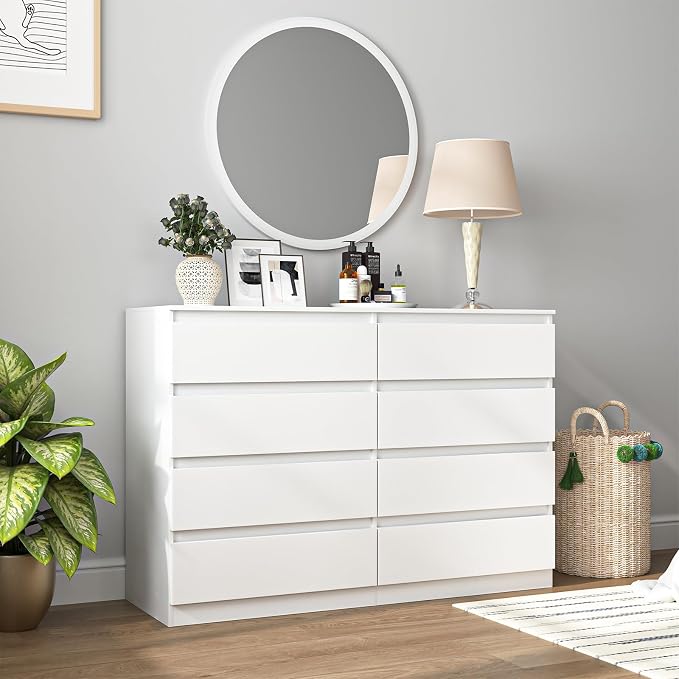 Vibe & Dine 8 Drawer Double Dresser, Modern Chest of Drawers with Wide Storage for Closet, Bedroom, Living Room, White